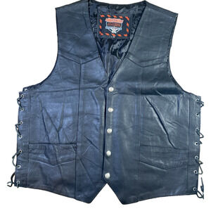 Interstate Black Leather Biker Vest with Iconic Patches Size M
